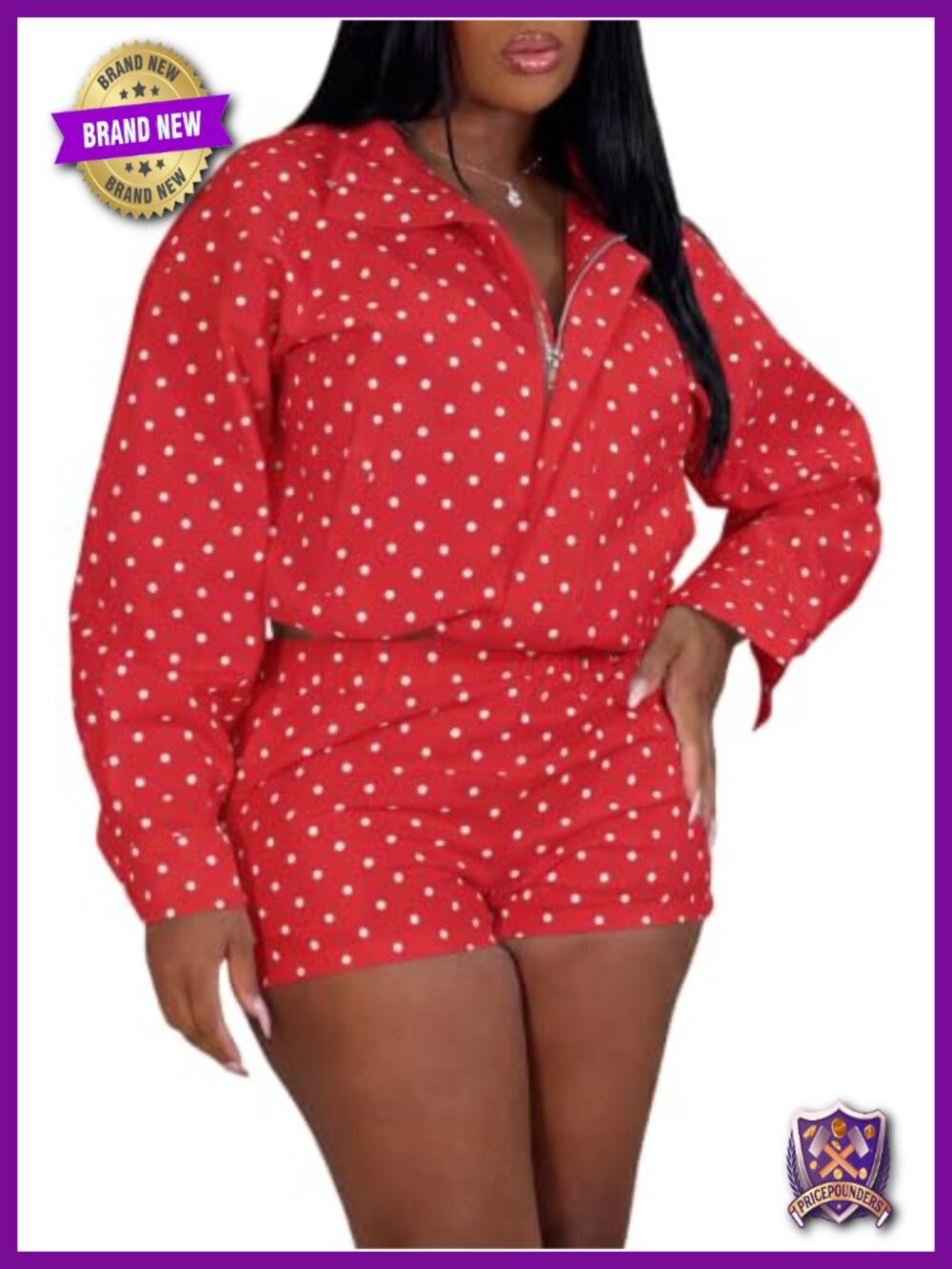 Women 2 Piece Polka Dot Zip Jacket & High Waist Shorts Set
